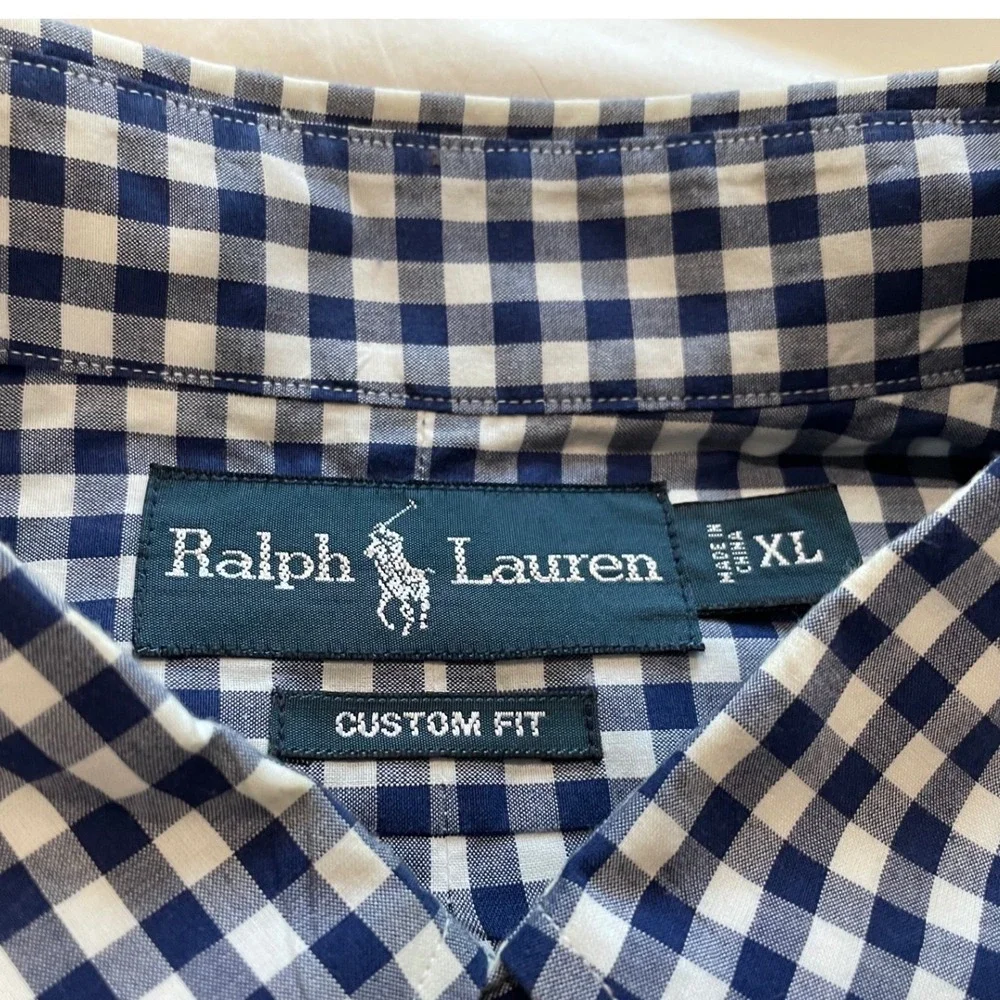 Polo Ralph Lauren Mens XL Custom Fit Gingham Shirt Navy Blue White Long Sleeve